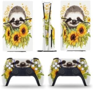 Sticker Skin for PS5 Slim Disc Sloth Sunflower Skin Console Controller Accessories Cover Skins Anime Vinyl Cover Sticker Full Set for Playstation5 Slim Disk Edition