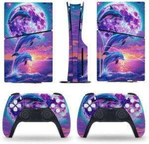 Sticker Skin for PS5 Slim Disc Three Dolphins Jumping Skin Console Controller Accessories Cover Skins Anime Vinyl Cover Sticker Full Set for Playstation5 Slim Disk Edition