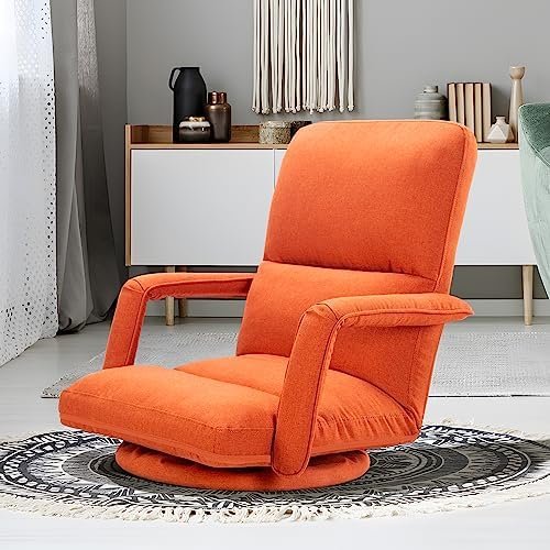 Swivel Floor Chair, Armrest Game Chair Floor with Adjustable Back and 360 Degree Swivel Base, Living Room Floor Lounge Chair for Reading Gaming Relaxing, Orange