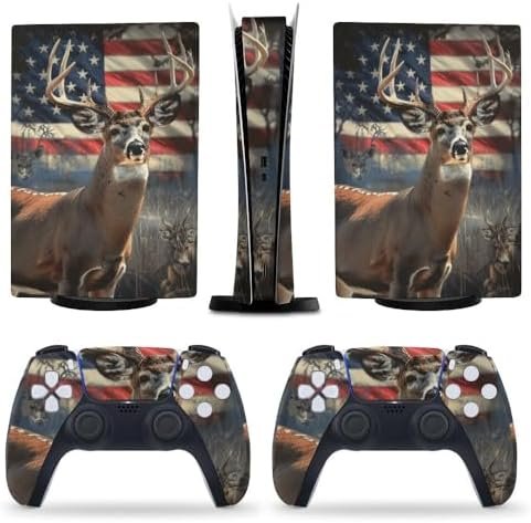 US Flag Wild Deer for PS5 Skin Console and Controller Accessories Cover Skins Anime Vinyl Cover Sticker Full Set for Playstation5 Digital Version