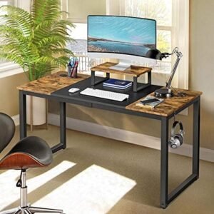 Yaheetech 55″ Large Computer Desk with Movable Monitor Stand & Strong Legs, Modern Desk with Splice Board, Simple Writing Desk for Work/Study/Home/Gaming/Office, Rustic Brown & Black