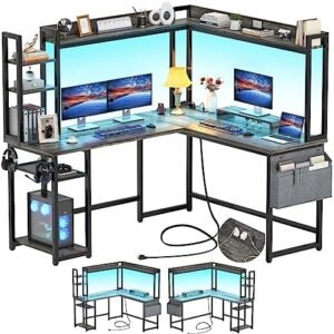 Aheaplus L Shaped Desk with Power Outlet, L Shaped Gaming Desk with Led Light & Hutch, Reversible Home Office Desk, Corner Computer Desk Writing Desk with Monitor Stand & Storage Shelves, Grey Oak