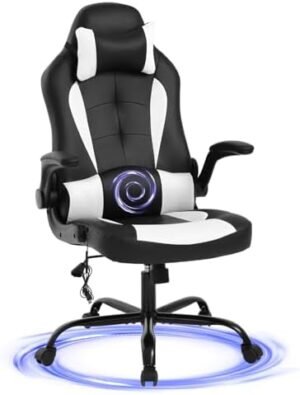 BSTOPHKL Gaming Chair Massage Office Chair Cheap Gamer Chair PU Leather Racing Chair with Rolling Swivel Wheel & Lumbar Support，Flip Up Arms Headrest for Adults Teen Kids Men Women，White