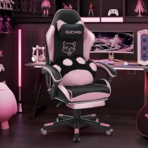 ELECWISH Pink Gaming Chair with Footrest, Cute Gaming Chair with Massage Cat Paw Lumbar Cushion for Girl, Ergonomice Reclining Comfortable Computer Chair for Adults, Teens, Black Pink