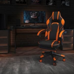 EMMA + OLIVER Black/Orange Ergonomic Gaming Chair -Recline Back/Arms, Footrest, Massaging Lumbar