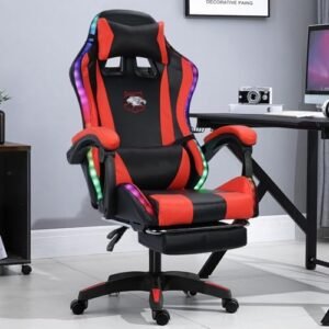 Ergonomic Gaming Chair with Bluetooth Speakers and RGB LED Lights Ergonomic Massage Video Game Chair with Footrest High Back with Lumbar Support, Red/Black