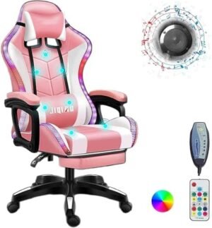 Ergonomic Gaming Chair with Speakers and Led Lights, Comfortable Gaming Chair with Footrest High Back Computer Office Gaming Massage chairChair for Adults Kids…