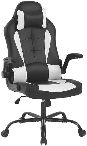 Furniture of America Vars Modern Faux Leather Gaming Chair with Headrest, Ergonomic, Swivel, Rolling for Recreation Room, Studying, White and Black, Level 1 – Attached Lumbar