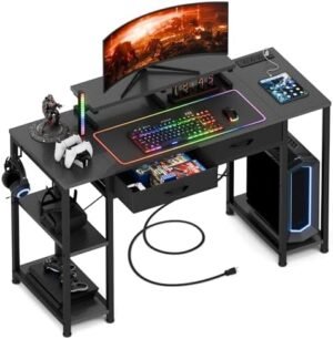 GIKPAL 47 inch Computer Desk with Storage and Shelves, Gaming Desk with Power Strip, Black Wooden Desk, Home Office Small Desks with Drawers