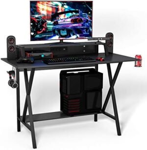 GOFLAME Gaming Computer Desk, Large Computer Gaming Workstation with Cup & Headphone Holder, Study Writing Desk for Home and Office, Black