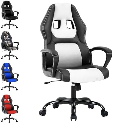 Gaming Chair, Max 250LBS, Office Chairs with Ergonomic Design, Comfortable Office Chair, PU Leather with Mesh Back, Gaming Chairs with 360-Degree Swivel, Gaming Chairs for Adults, PC Chair, White