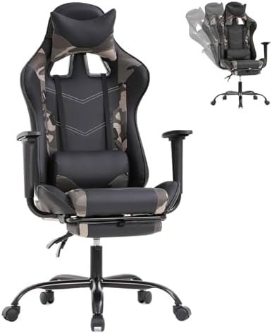 Gaming Chair for Adults PU Leather Ergonomic Office Chair with Footrest and Armrest Lumbar Support Computer Chair with Swivel Seat and Headrest for Women, Men