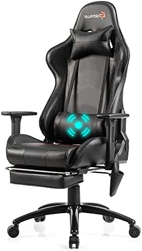 Gaming Chair with Footrest, Reclining High Back Office Chair with Headrest, Massage Lumbar Cushion, Adjustable Armrests, PU Leather Swivel Game Chair for Office or Gaming (Black)