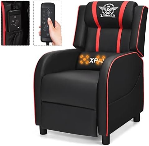 Gaming Recliner, Movie Theater Chair w/Adjustable Backrest & Footrest, Massage Lumbar Pillow, Racing Single Sofa, PU Leather Reclining Chair for Gaming Room, Home Theater (Red)