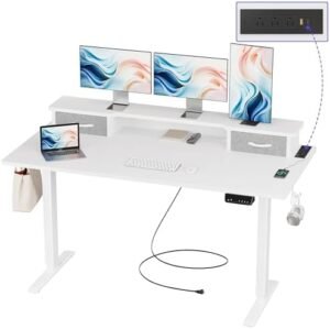 JOISCOPE 55 Inch Electric Standing Adjustable Height Desk with USB & Type-C Outlet, Home Office Computer Gaming Desk with Display Riser and Double Drawer, Sit Stand Desk, White