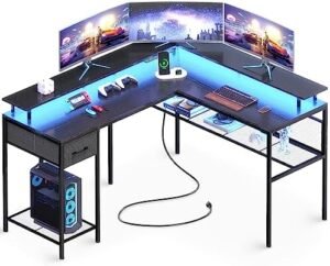 L Shaped Desk Gaming Desk with LED Lights & Power Outlets, Computer Desk with Storage Shelves, Corner Desk Home Office Desk, Black