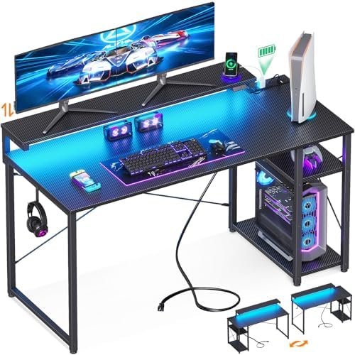 MOTPK Gaming Desk with Led Lights & Power Outlet, 47 Inch Gaming Computer Desk with Shelves, Reversible Gamer Desk Table with Adjustable Monitor Stand & Headphone Hook, Carbon Fiber Texture, Black