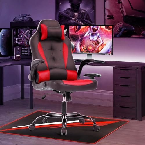 Office Gaming Chair, High Back PU Leather Gaming Office Chair, Comfortable Gaming Chair Big and Tall, Height Adjustable Heavy Duty Gaming Chair, Racing Chair with Headrest & Lumbar Support (Red)