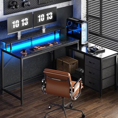 Reversible L Shaped Computer Desk with Drawers, Gaming Desk with LED Lights and Power Outlets, Office Desk with Storage Shelves, for Home & Office, Black