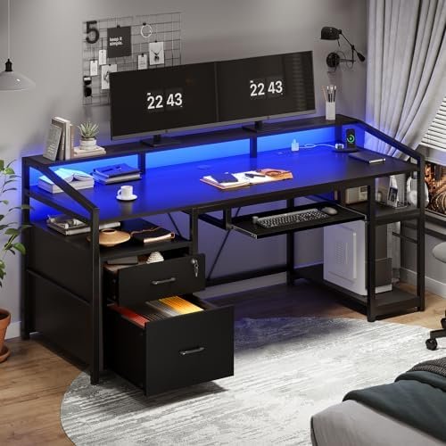 SEDETA 63″ Computer Desk, Office Desk with Lockable Drawers for Legal/Letter File, Gaming Desk with LED Lights & Power Outlet, Home Office Desks with Storage, Black