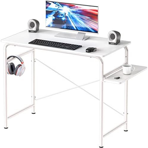 SHW Small Gaming Home Office Computer Desk with Shelf, White