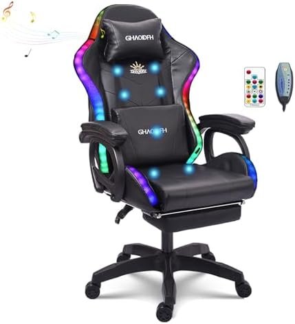 TBQATNTS 7-Point Massage Gaming Chair with Speakers and LED Lights, Ergonomic Computer Gaming Chair with Footrest and Lumbar Support,High Back Office Video Racing Adult Gaming Chair,Black,Normal