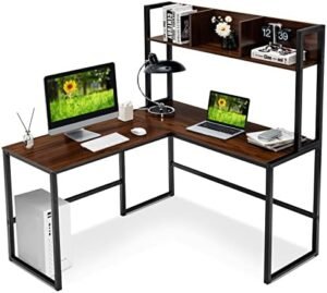 Tangkula Reversible L-Shaped Desk with Hutch, Space Saving Corner Computer Desk with Storage Shelves, Home Office Study Writing Desk Computer Workstation with Storage Bookshelf, Gaming Desk