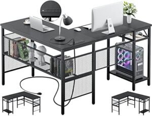 Unikito L Shaped Desk with USB Charging Port and Power Outlet, Reversible L-Shaped Corner Computer Desk with Storage Shelves, Industrial 2 Person Long Gaming Table Modern Home Office Desk, Dark Black