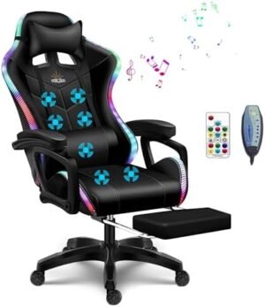 XOOFMASS Ergonomic Massaging Gaming Chair with Speakers and LED Lights – PU Leather Computer Office Chair with Footrest, High Back Video Racing Game Chair 360° Swivel Height Adjustable,Black