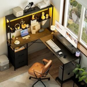 Yoobure L Shaped Desk with Pegboard, Reversible Gaming Desk with LED Lights & Power Outlets, Computer Desk with Drawers & Storage Shelves, Office Desk with Monitor Stand Corner Desk Home Office Desks