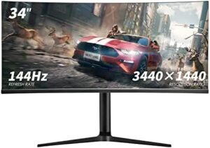 34 Inch UltraWide QHD (3440 x 1440) IPS Curved Gaming Monitor with 144Hz, 5ms Response Time, Build-in Speakers, VESA Compatible, Tilt and Height Adjustable, G-SYNC Compatible & AMD FreeSync