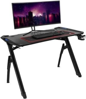 Deco Gear Ultrawide Curved LED Computer Gaming/Office Desk, Waterproof Carbon-Fiber Surface, Supports up to 175-lbs., 6-Color RGB Lighting Accents, Cable Management, Cup Holder, 31.5″ Mouse Pad