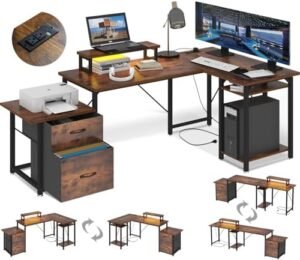 L Shaped Desk with Drawers, Gaming Desk, Corner Computer Desk with Storage and Power Outlet,Reversible U Shaped Work Pc Desk for Home Office with Monitor Stand 2 Person Long Desk 67 Inch Brown