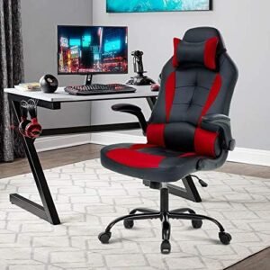 PC Gaming Chair Racing Chair Computer Chair Ergonomic Desk Chair with Headrest Lumbar Support & Flip-up Arms High Back PU Leather Home Swivel Executive Chair Adjustable Height Office Chair, Red