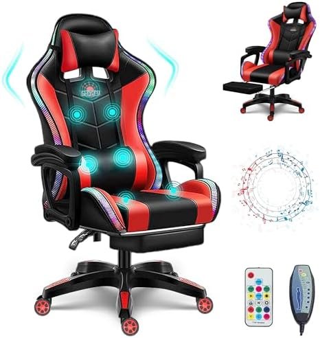 Video Gaming Chairs with LED Light, Bluetooth Speakers Computer Chair with Full Massage Lumbar Support, Ergonomic Pro Gaming Chair for Retractible Footrest and Backrest Adjustable,Red