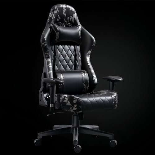 Gaming Office Computer Desk Rocking Chair Ergonomic Comfy Gamer Pc Chair for Adults Comfortable Massage Work Chair Adjustable Recline,Armrests,PU Leather,Dual Bluetooth Speakers (D)