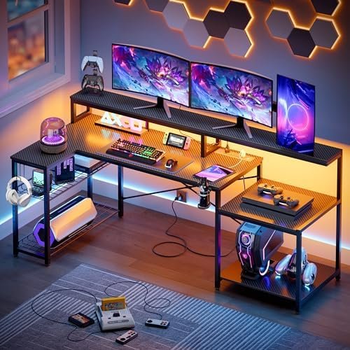 Bestier Gaming Desk with Power Outlets, 71.5 LED Computer Desk with Long Monitor Stand, Large L Shaped Corner Desk with Storage Shelf, Cup Holder Headset Hooks, Cool Desk for Gaming Room, Black