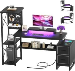 Computer Desk with 2 Fabric Drawers – Reversible Home Office Desk with Power Outlet & LED Lights, 53″ Writing Desk with Monitor Stand & Storage Shelves, Gaming Desk Study Table with Pegboard, Black