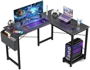 DUMOS L Shaped Computer Desk Wood Corner PC Gaming Table with Side Storage Bag for Home Office Small Spaces,Black