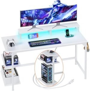 Furologee White Desk with Power Outlets and LED Lights, 47″ Office Gaming Desk with Shelves and Fabric Drawer, Reversible Study Table with Monitor Stand and Hooks