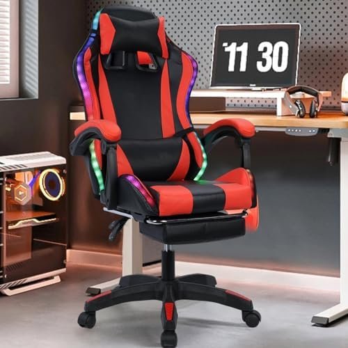 Gaming Chair with Bluetooth Speakers and RGB LED Lights, Ergonomic Massage Computer Gaming Chair with Footrest, Height Adjustable, Video Game Chair High Back with Lumbar Support Black Red