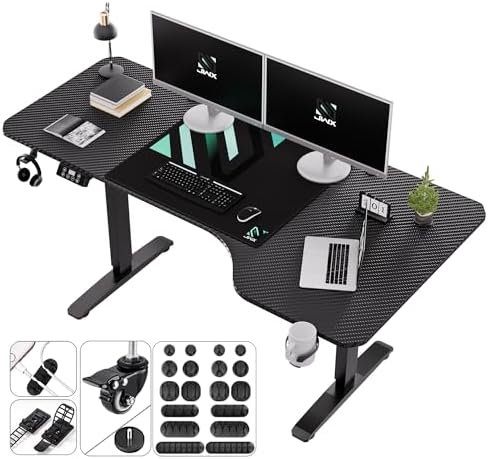 JWX Standing Adjustable Desk, 63 inches L Shaped Electric Standing Gaming Desk with Locking Wheels, Cup Holder, Headphone Hook, Cable Manager, Mouse pad, Carbon Fiber Textured Pane