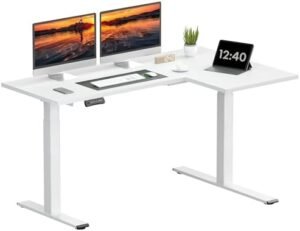 SANODESK 63-Inch Large Dual Motor L-Shaped Electric Height Adjustable Standing Desk – Reversible Panel – White Top/White Frame – Ideal for Gaming, Home Office or Computer Workstation