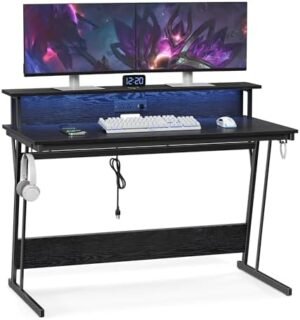 VASAGLE LED Gaming Desk with Power Outlets, Computer Desk with USB Ports, Office Desk with Monitor Stand for 2 Monitors, with Hooks, for Bedroom, 23.6 x 47.2 x 29.5 Inches Ebony Black ULWD092B56