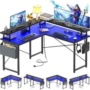 armocity L Shaped Computer Desk with Power Outlets, Gaming Desk L Shaped with LED Lights, Corner Desk with Storage Shelves, Work Study Desk for Bedroom, Home Office Small Spaces, 47”, Black