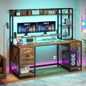 YITAHOME Computer Desk with Drawers & Power Outlets, 59″ Home Office Desk with Hutch, Gaming Desk with LED Lights, Rustic Brown