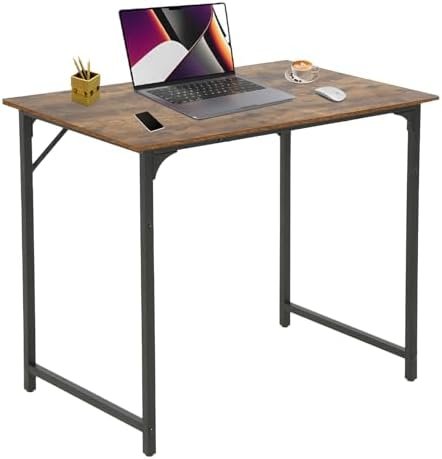 39 Inch Computer Desk, Office Desk Gaming Desk with Metal Frame, Writing Workstation for Home Office, Space Saving Computer Table for Small Space (Brown) 39×19.6×29