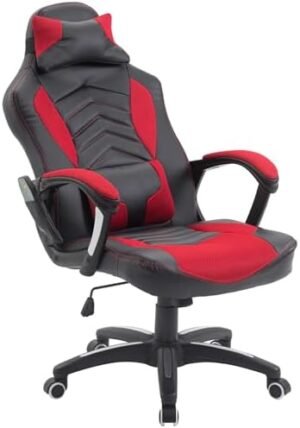 6 Vibrating Point Massage Gaming Chair, Faux Leather Video Game Chair with 5 Modes and Racing Style Heated Desk Chair Swivel Rolling Chair with Headrest, Red/Black