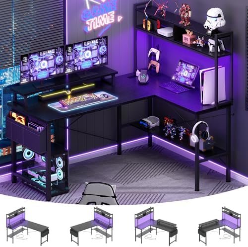 Aheaplus L Shaped Gaming Desk with Power Outlets & LED Lights, Small L- Shaped Desk Computer Corner Desk with Monitor Stand & Storage Shelf, Home Office Desk Writing Desk with Storage Bag, Black