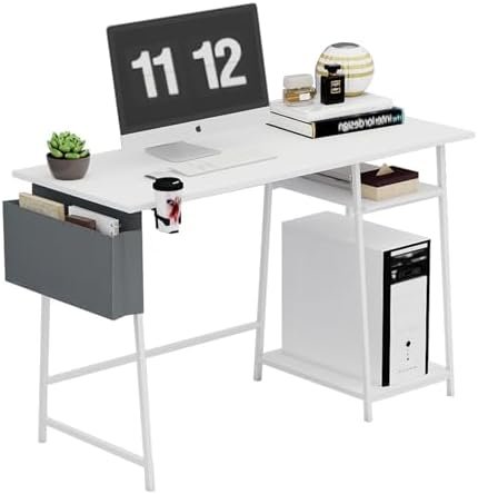 Computer Desk 45 inches with 2 Tier Shelves, Large Sturdy Home Office White Desk with Large Storage Space, Modern Gaming Desk Study Writing Laptop Table, White